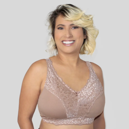High-neck bra with lace cups and wide, stretchy straps.