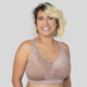 High-neck bra with lace cups and wide, stretchy straps.