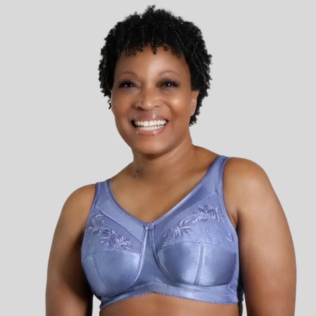Supportive three-part cup bra with embroidered floral design.