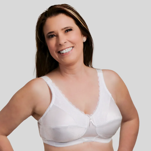Soft cup bra with lacy neckline and supportive design.