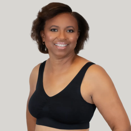 Seamless bra with soft molded cups and adjustable closure.