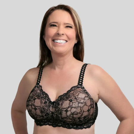 Supportive bra with soft cups and elegant lace overlay.