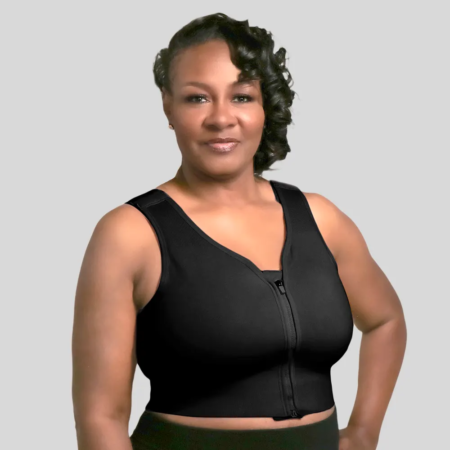 Front-zip recovery bra with adjustable straps and wide band.