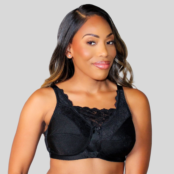 Full coverage soft cup bra with lace neckline.